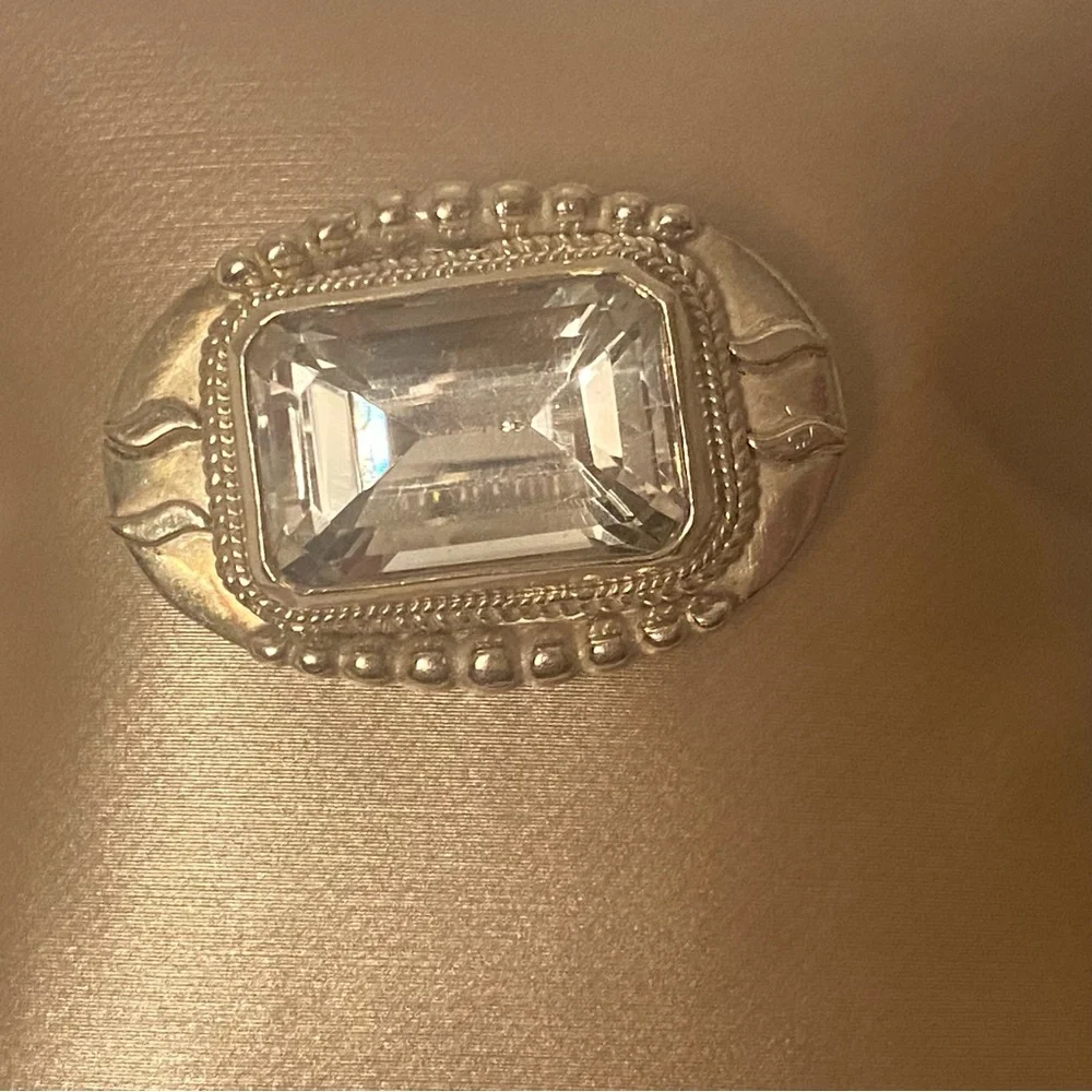 BROOCH VINTAGE STERLING SILVER 925 OVAL LARGE FACETED RECTANGLE CRYSTAL JEWELRY